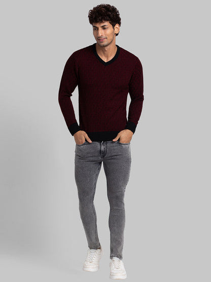 Parx Men Maroon Jacquard Acrylic Sweater