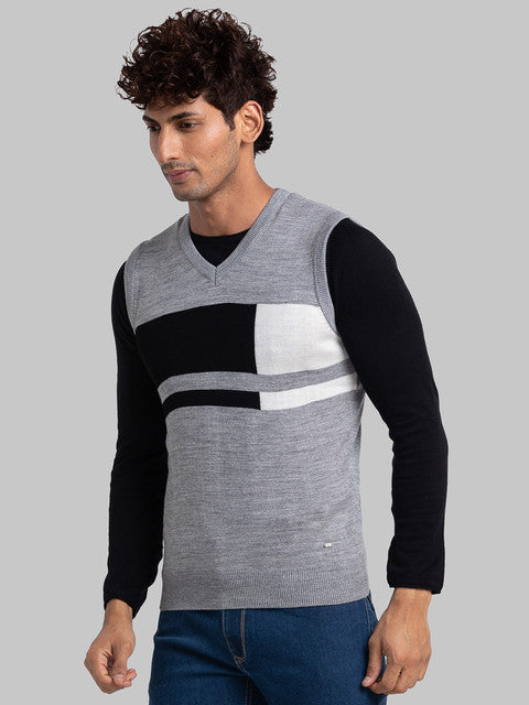 Parx Men Grey Intarsia Acrylic Sweater