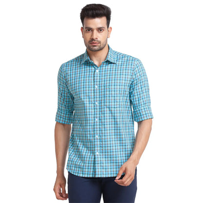 Men Blue Tailored Fit Checks Cotton Full Sleeve Shirts