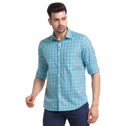 Men Blue Tailored Fit Checks Cotton Full Sleeve Shirts