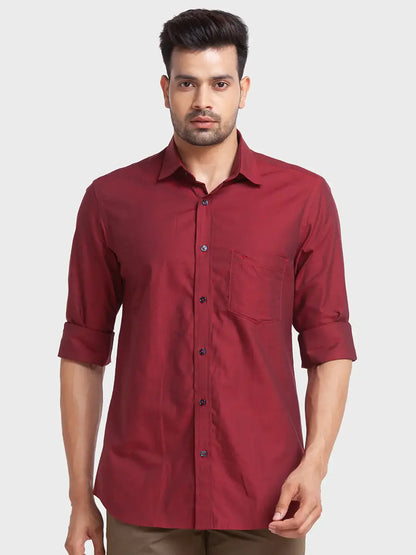 Men Red Tailored Fit Solid Cotton Full Sleeve Shirts