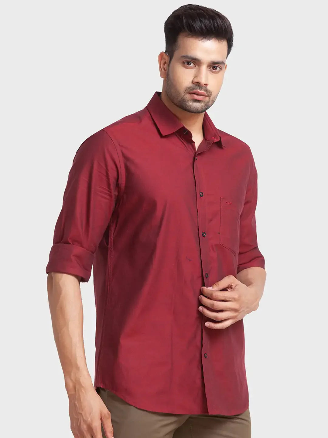 Men Red Tailored Fit Solid Cotton Full Sleeve Shirts