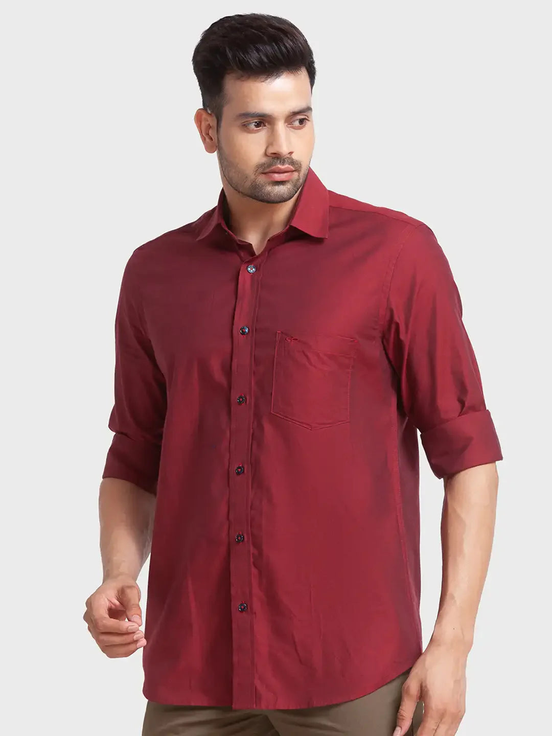 Men Red Tailored Fit Solid Cotton Full Sleeve Shirts