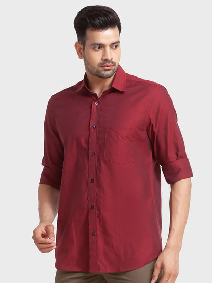 Men Red Tailored Fit Solid Cotton Full Sleeve Shirts