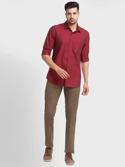 Men Red Tailored Fit Solid Cotton Full Sleeve Shirts
