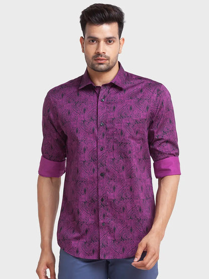 Colorplus Men Purple Printed Tailored Fit Cotton Casual Shirt