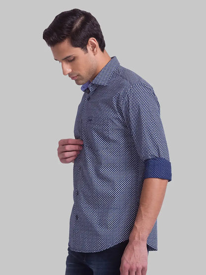 Men Blue Slim Fit Print Cotton Cut Away Collar Shirts