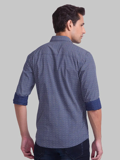 Men Blue Slim Fit Print Cotton Cut Away Collar Shirts