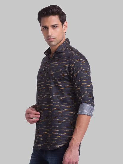 Men Yellow Slim Fit Print Cotton Cut Away Collar Shirts