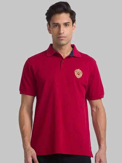 Men Red Contemporary Fit Solid Cotton Round Neck Collar Polo T-Shirt