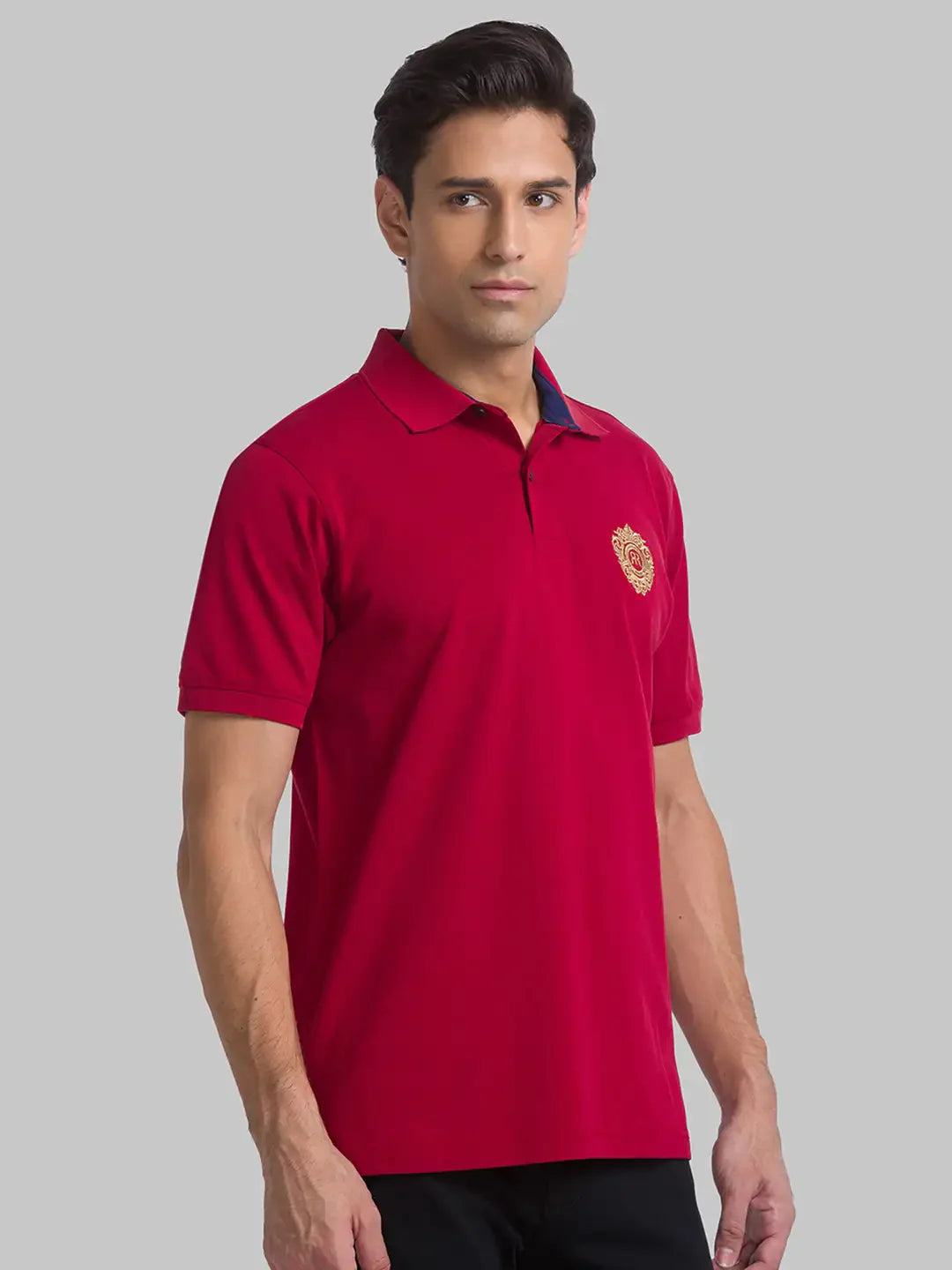 Men Red Contemporary Fit Solid Cotton Round Neck Collar Polo T-Shirt