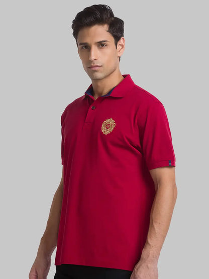 Men Red Contemporary Fit Solid Cotton Round Neck Collar Polo T-Shirt