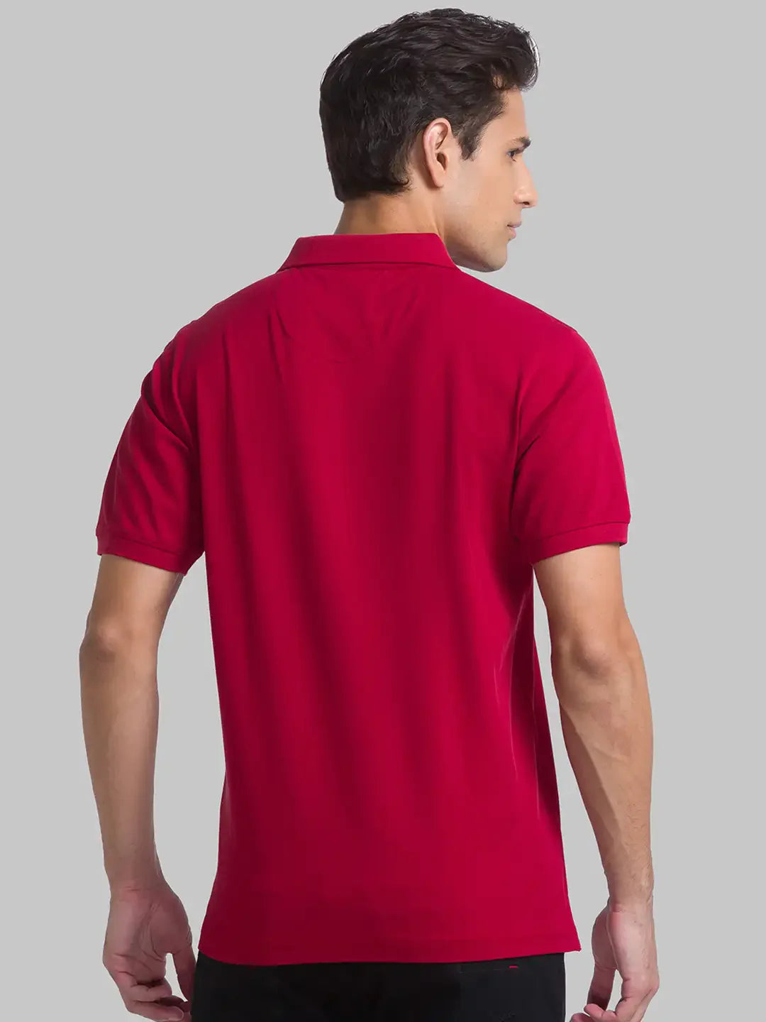 Men Red Contemporary Fit Solid Cotton Round Neck Collar Polo T-Shirt