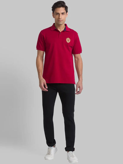 Men Red Contemporary Fit Solid Cotton Round Neck Collar Polo T-Shirt