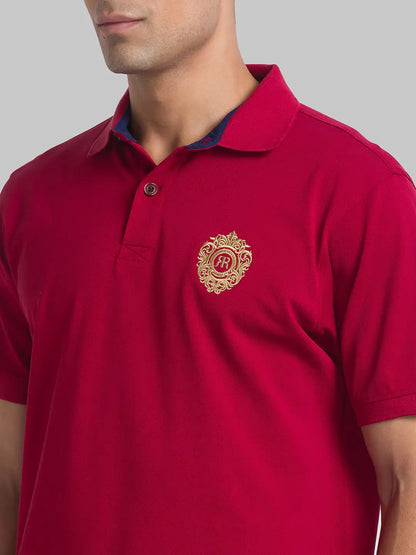Men Red Contemporary Fit Solid Cotton Round Neck Collar Polo T-Shirt