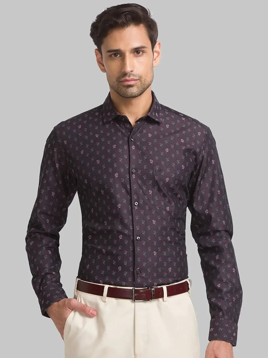 Raymond Men Brown Jacquard Contemporary Fit Cotton Casual Shirt
