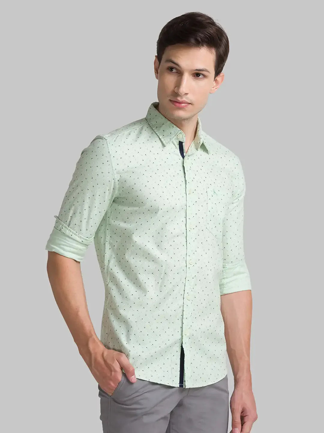 Men Green Slim Fit Print Cotton Full Sleeve Shirts