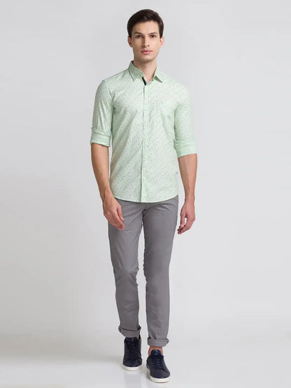Men Green Slim Fit Print Cotton Full Sleeve Shirts