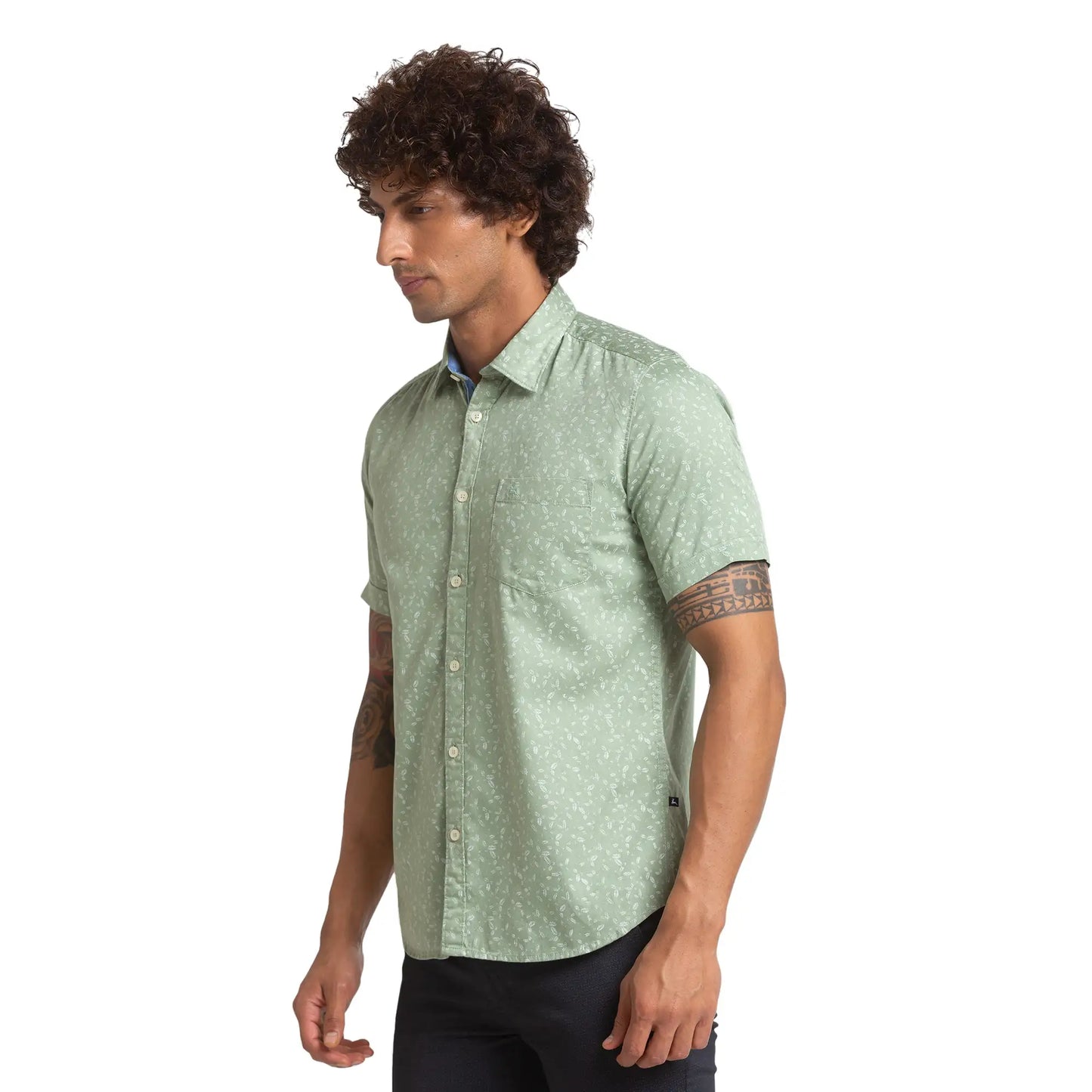 Men Green Slim Fit Print Cotton Half Sleeve Shirts