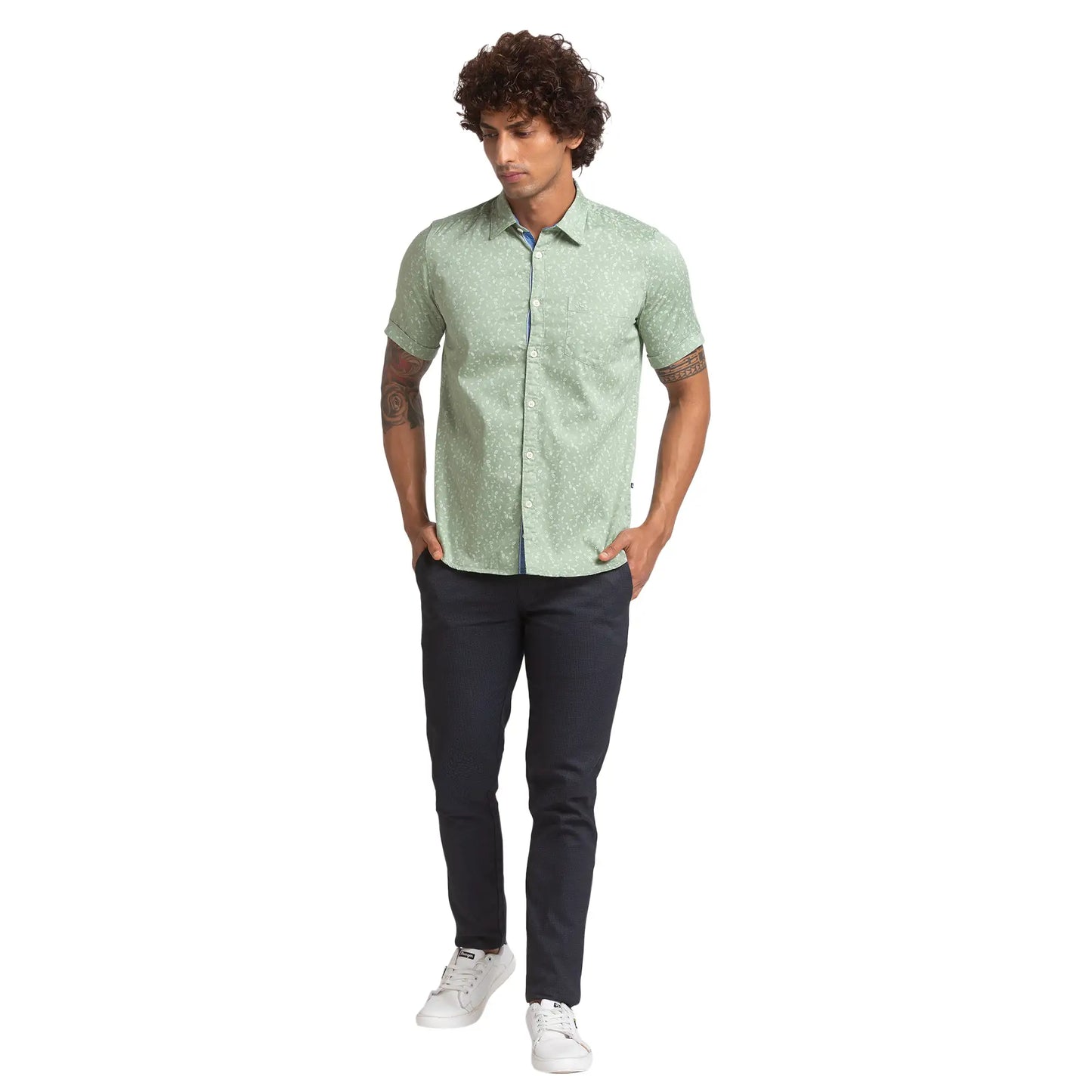 Men Green Slim Fit Print Cotton Half Sleeve Shirts