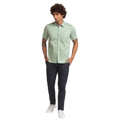 Men Green Slim Fit Print Cotton Half Sleeve Shirts